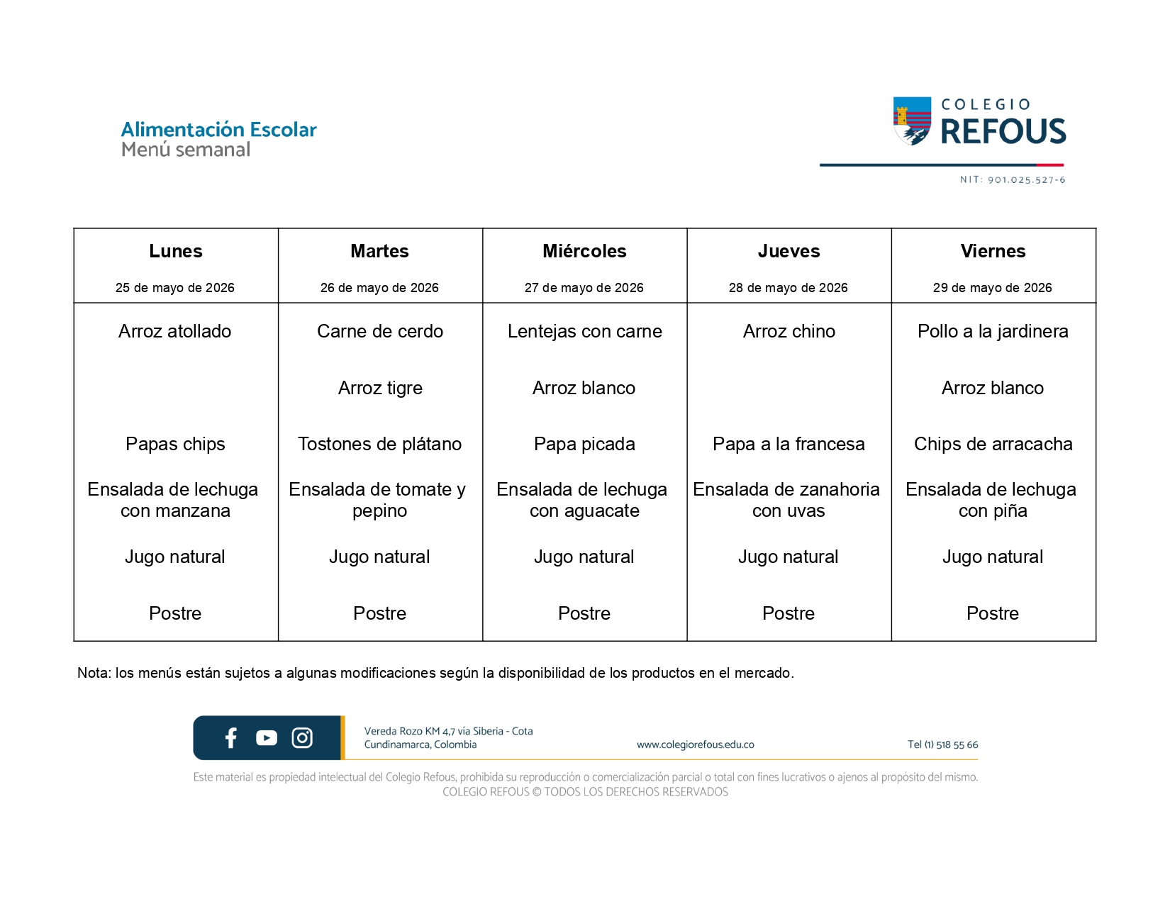 25 al 29 de mayo de 2026 - Alimentación escolar